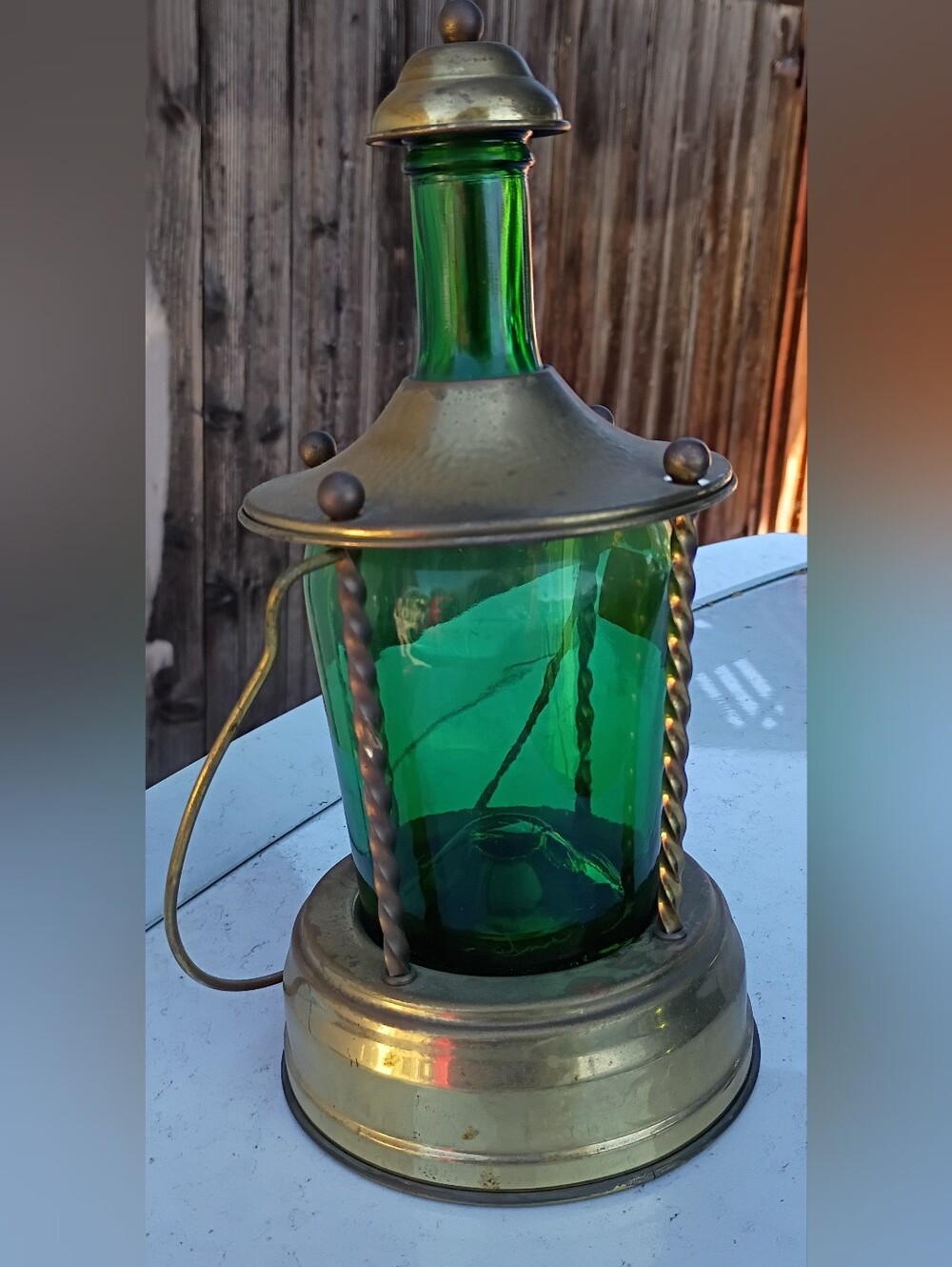 Brass and Emerald Green Glass Lantern Decorative Accent Music Box German